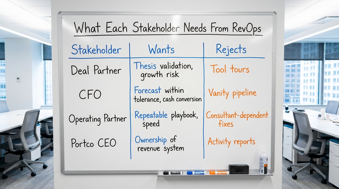 What Each Stakeholder Needs From RevOps | TABLE columns: Stakeholder | Wants | Rejects. Rows: Deal Partner | Thesis vali