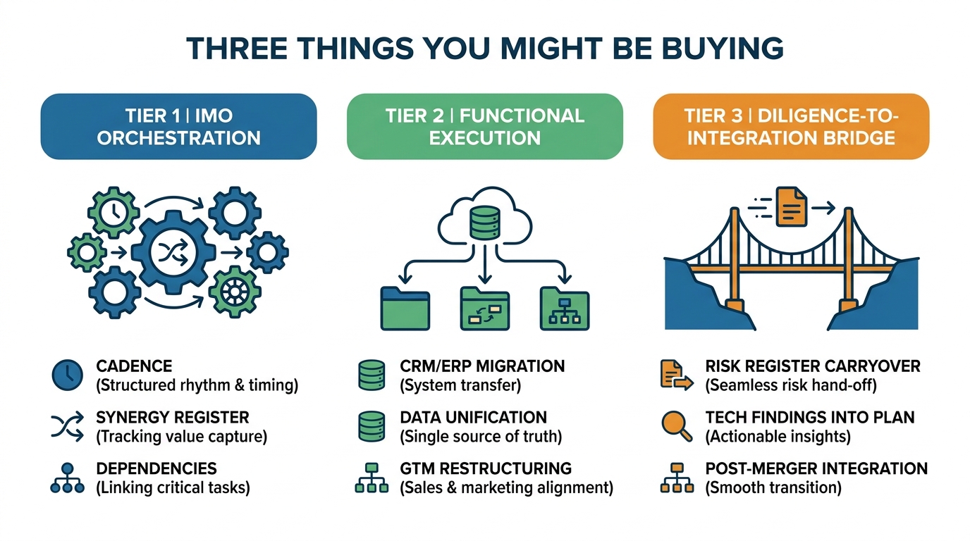 Three Things You Might Be Buying | Tier 1, IMO Orchestration (cadence, synergy register, dependencies); Tier 2, Function