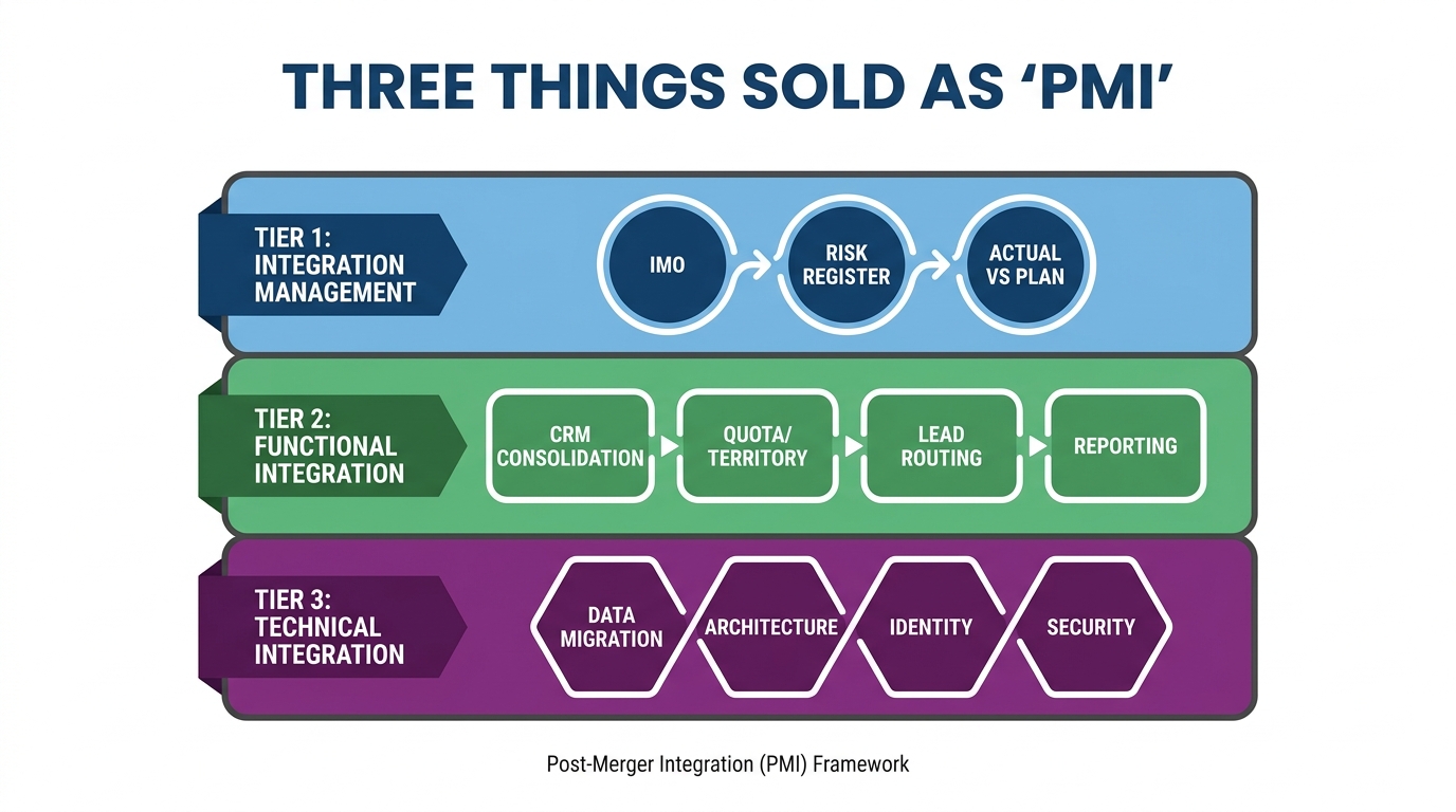 Three things sold as "PMI" | 3-tier stack, Tier 1: Integration Management (IMO, risk register, actual vs plan) | Tier 2: