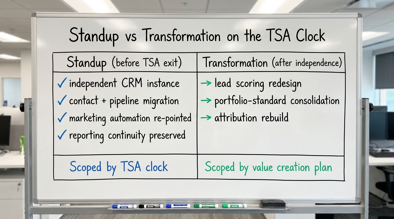 Standup vs Transformation on the TSA Clock | two-column table. Left column "Standup (before TSA exit)": independent CRM 
