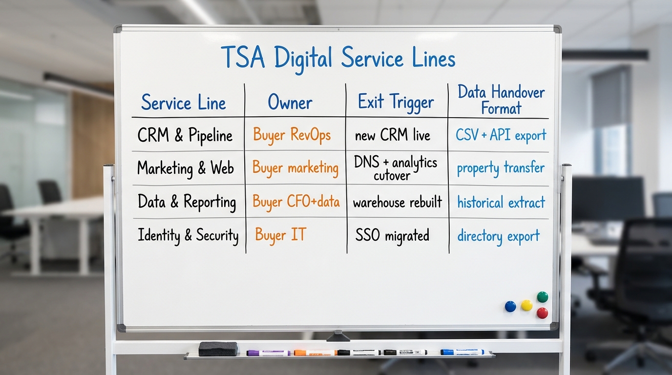 TSA Digital Service Lines | table with columns: Service Line | Owner | Exit Trigger | Data Handover Format, rows: CRM & 