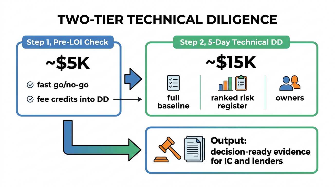Two-Tier Technical Diligence | Step 1, Pre-LOI Check (~$5K, fast go/no-go, fee credits into DD) → Step 2, 5-Day Technica