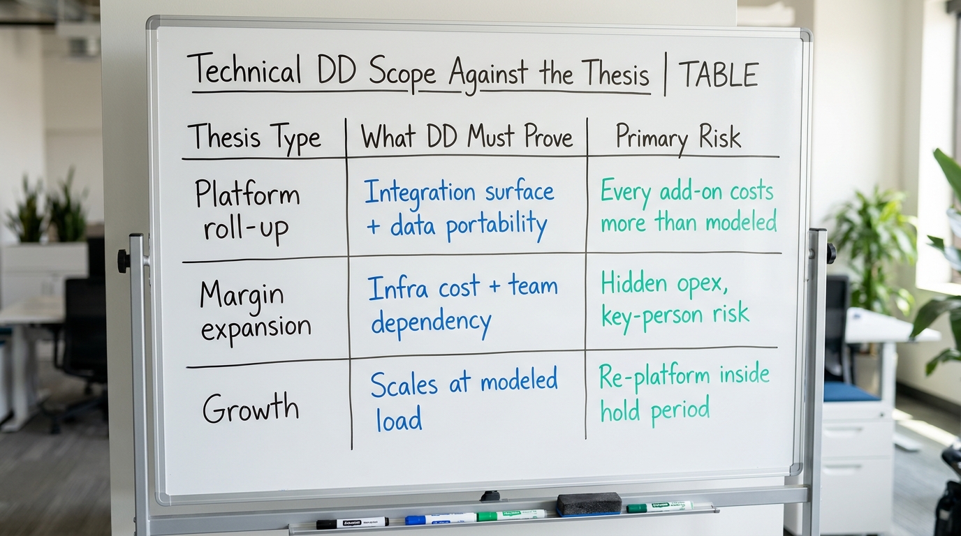 Technical DD Scope Against the Thesis | TABLE with columns "Thesis Type / What DD Must Prove / Primary Risk". Rows: "Pla