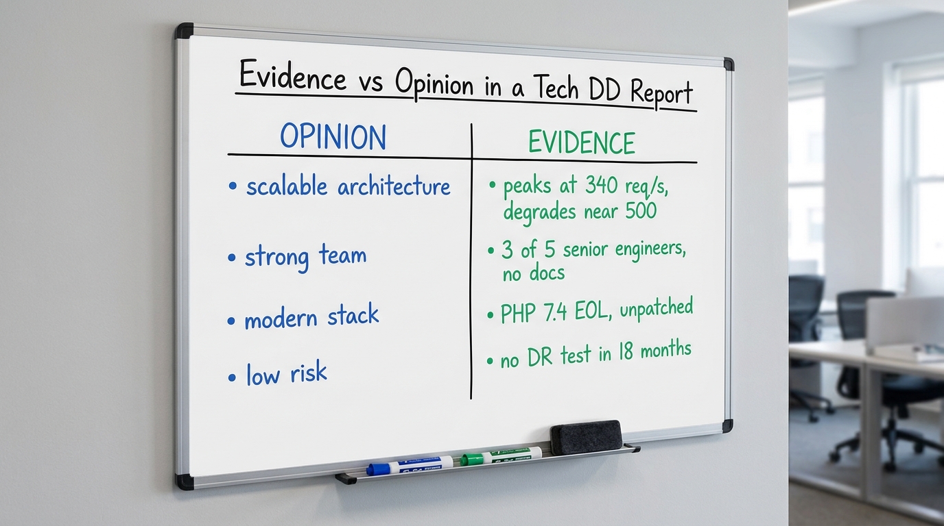 Evidence vs Opinion in a Tech DD Report | two columns. OPINION: "scalable architecture", "strong team", "modern stack",