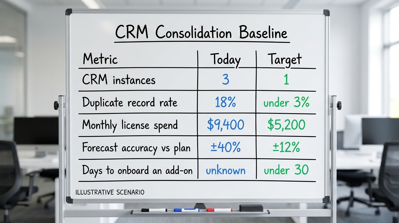 CRM Consolidation Baseline | a TABLE with columns: Metric | Today | Target, rows: CRM instances (3 / 1), Duplicate recor