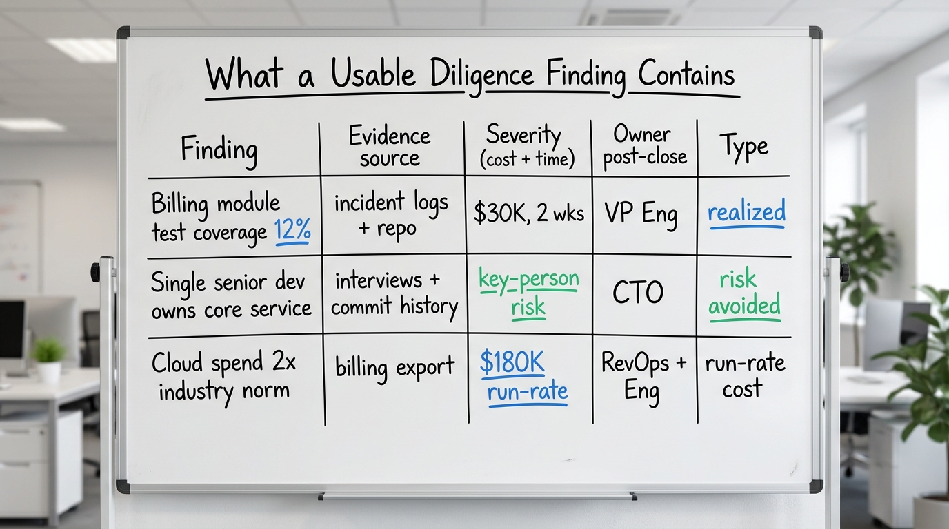 What a Usable Diligence Finding Contains | a framework TABLE with columns "Finding", "Evidence source", "Severity (cost 