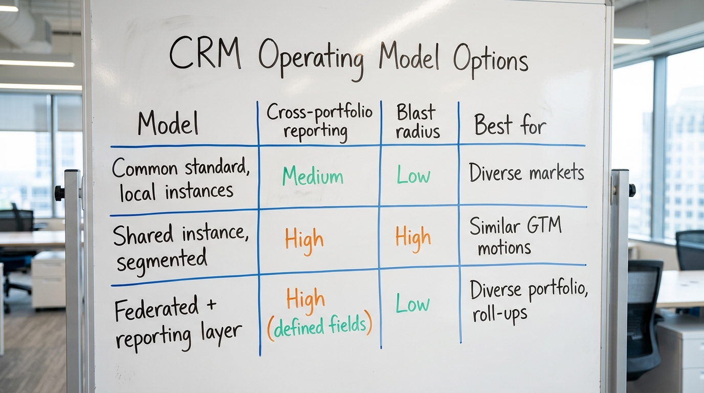 CRM Operating Model Options | TABLE with columns "Model | Cross-portfolio reporting | Blast radius | Best for" and rows 