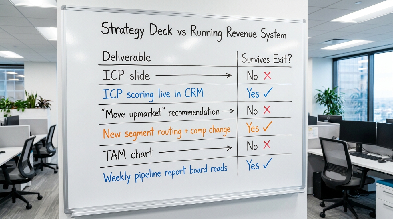 Strategy Deck vs Running Revenue System | table with columns "Deliverable" and "Survives Exit?" | rows: ICP slide → No /