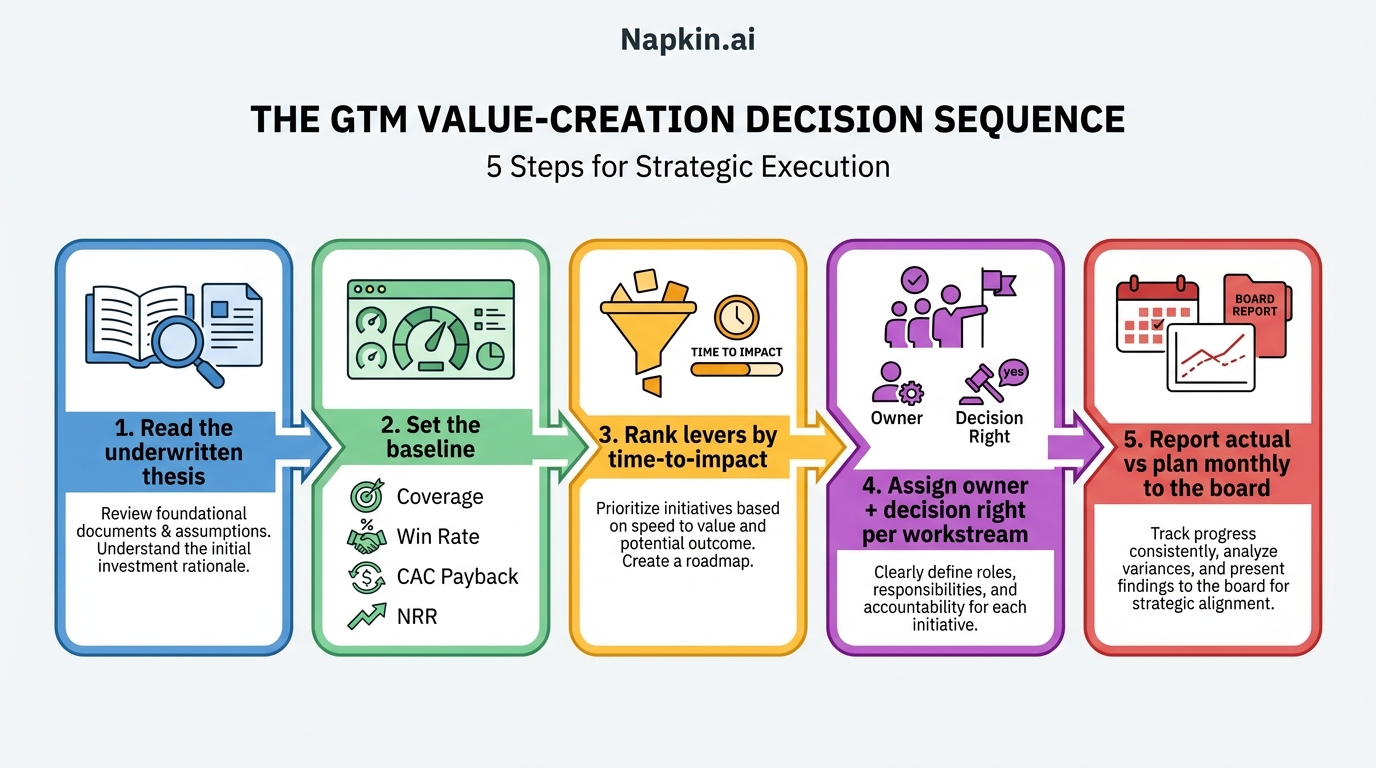 The GTM Value-Creation Decision Sequence | 5 steps: 1. Read the underwritten thesis · 2. Set the baseline (coverage, win