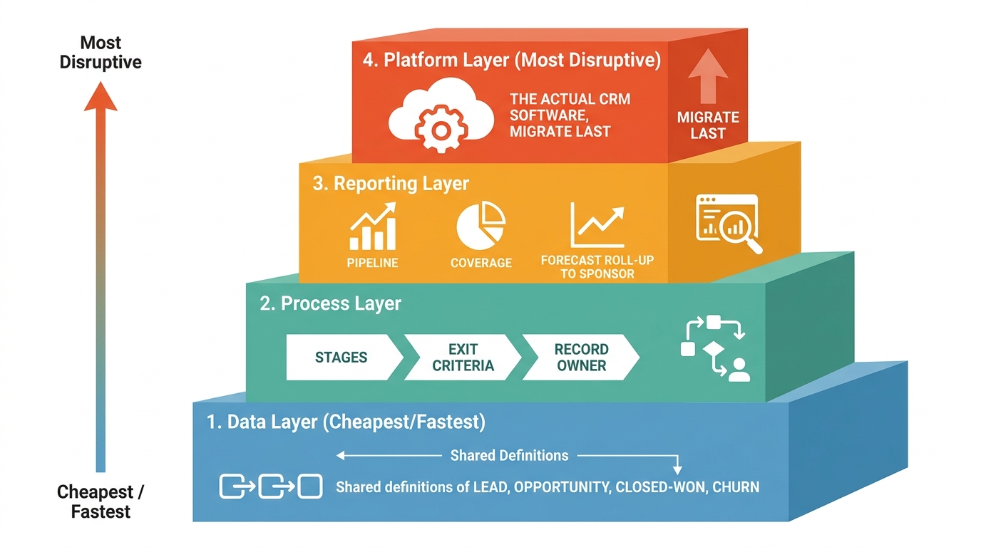 The Four Layers of CRM Standardization | 4-tier stack from cheapest/fastest to most disruptive: 1. Data layer (shared de