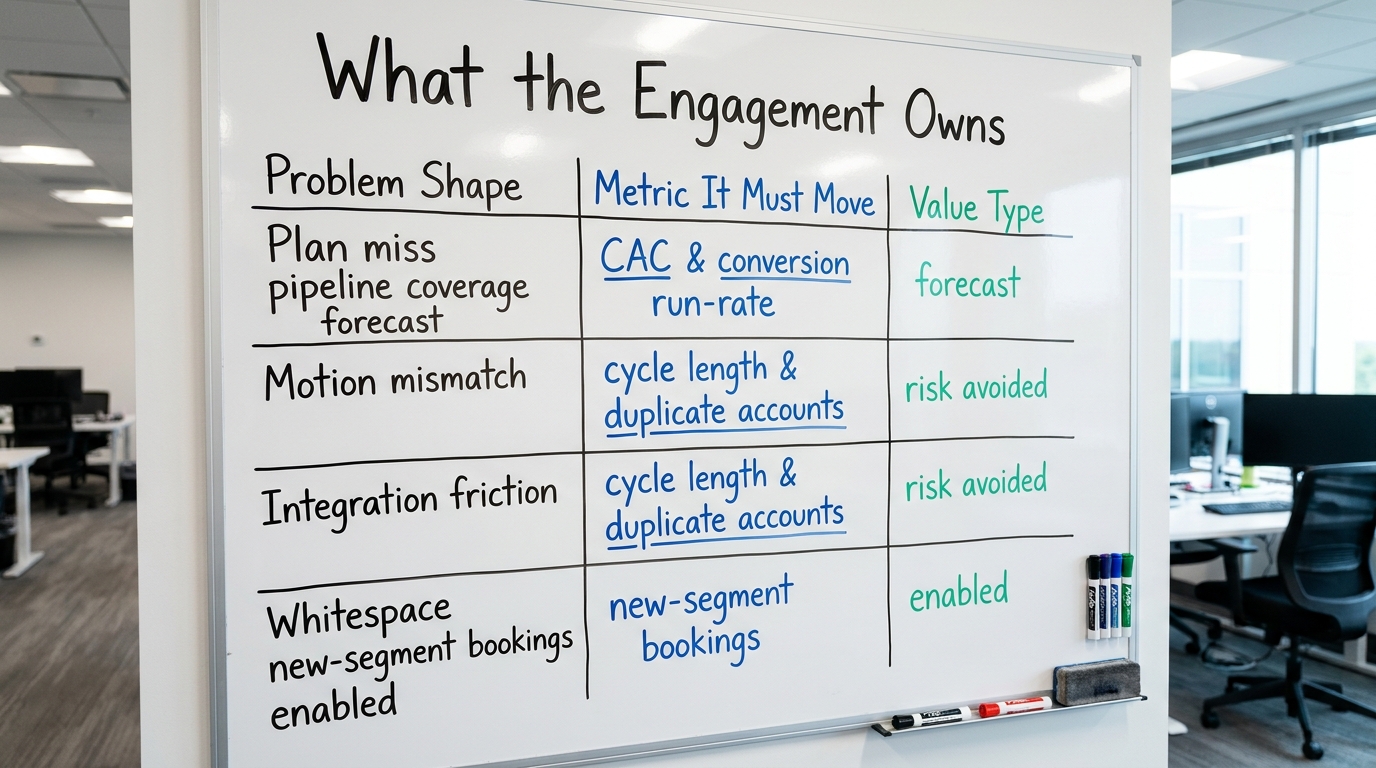 What the Engagement Owns | table with columns "Problem Shape", "Metric It Must Move", "Value Type" and rows: Plan miss /