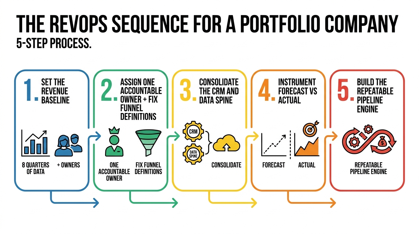 The RevOps Sequence for a Portfolio Company | 5-step process: 1. Set the revenue baseline (8 quarters of data + owners) 