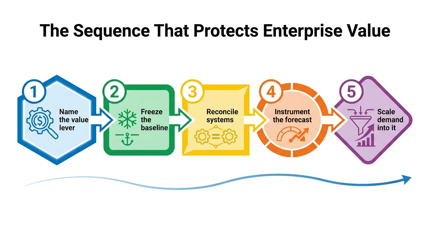 The Sequence That Protects Enterprise Value | 5 steps: 1 Name the value lever · 2 Freeze the baseline · 3 Reconcile syst