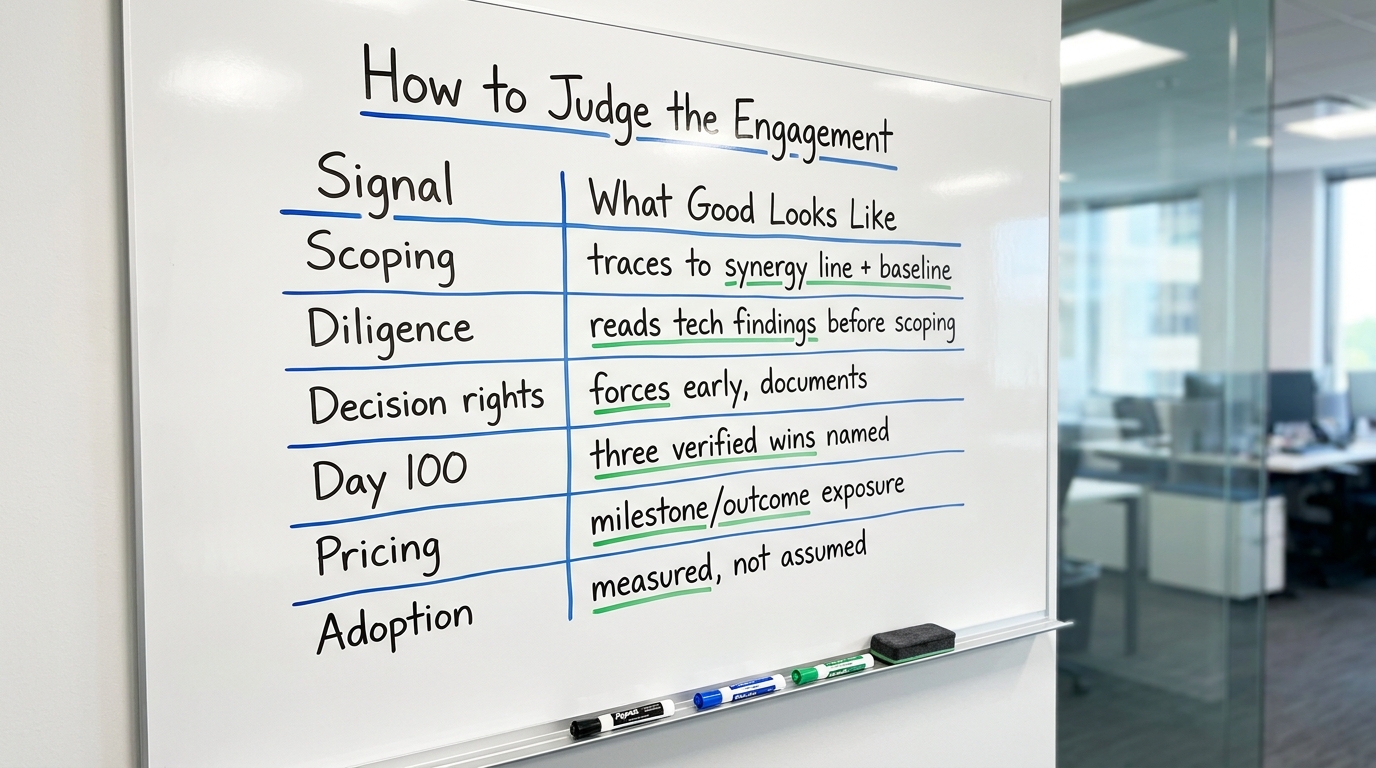 How to Judge the Engagement | Table with columns "Signal" and "What Good Looks Like", rows: Scoping (traces to synergy l