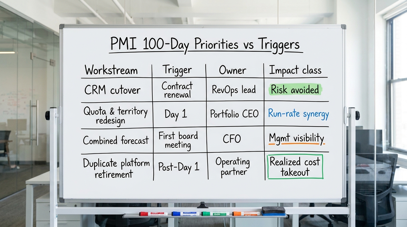 PMI 100-Day Priorities vs Triggers | table with columns "Workstream | Trigger | Owner | Impact class" and rows: CRM cuto