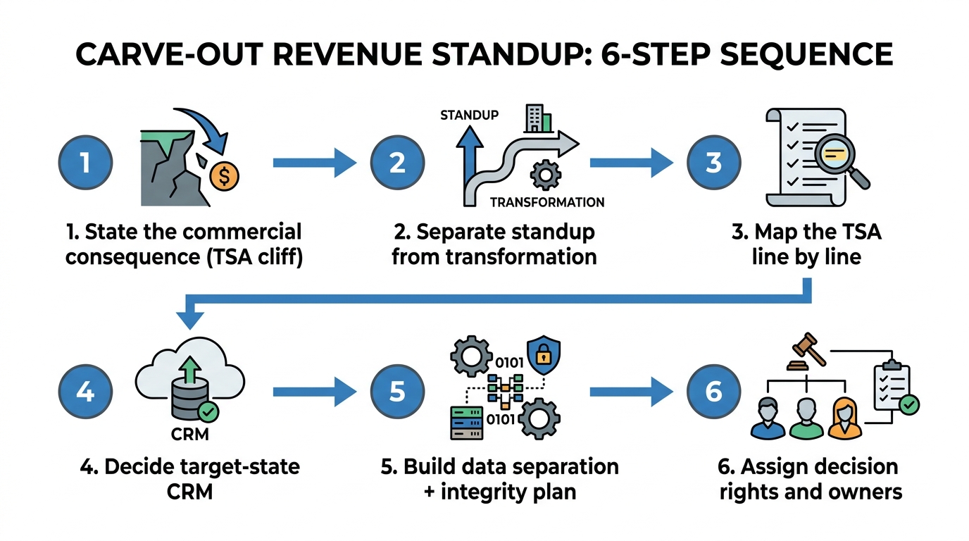 Carve-Out Revenue Standup, 6-Step Sequence | 1. State the commercial consequence (TSA cliff) → 2. Separate standup from 