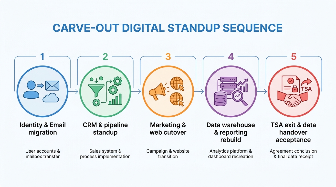 Carve-Out Digital Standup Sequence | 5 steps: 1 Identity & Email migration | 2 CRM & pipeline standup | 3 Marketing & we