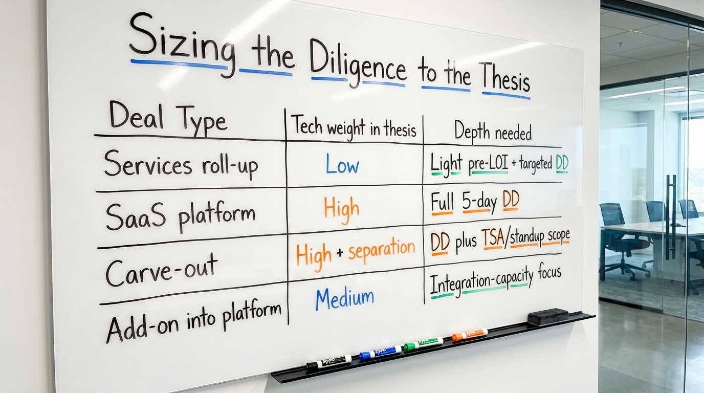 Sizing the Diligence to the Thesis | Table, Deal Type | Tech weight in thesis | Depth needed. Rows: Services roll-up | L