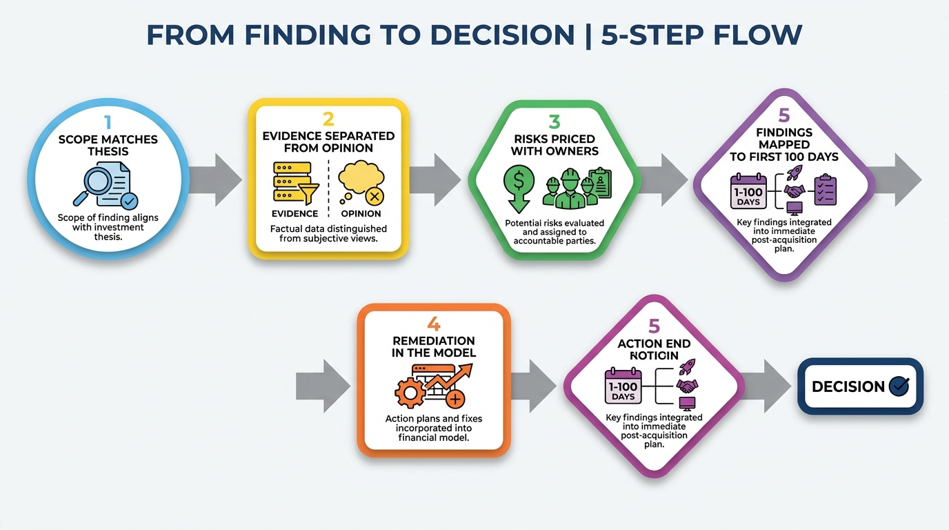 From Finding to Decision | 5-step flow. 1 Scope matches thesis. 2 Evidence separated from opinion. 3 Risks priced with o