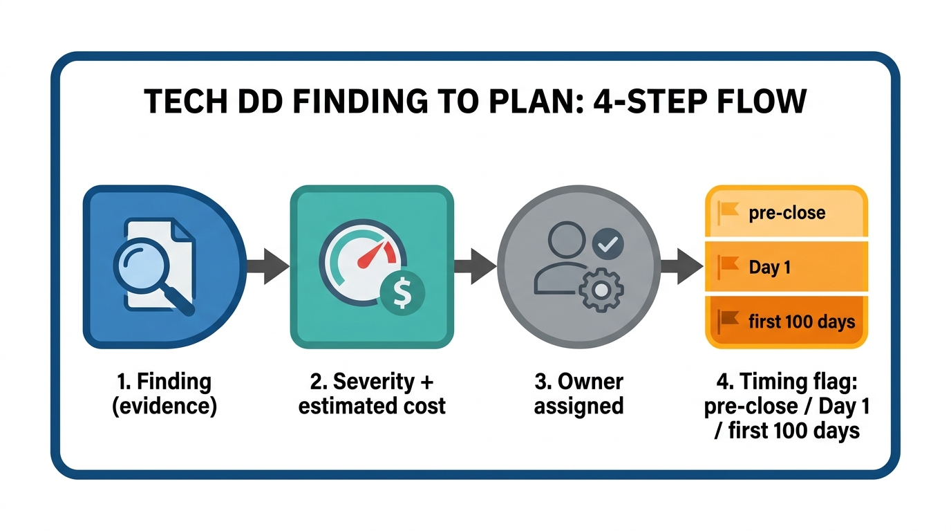 How a tech DD finding should reach your plan | 4-step flow: "1. Finding (evidence) → 2. Severity + estimated cost → 3. O
