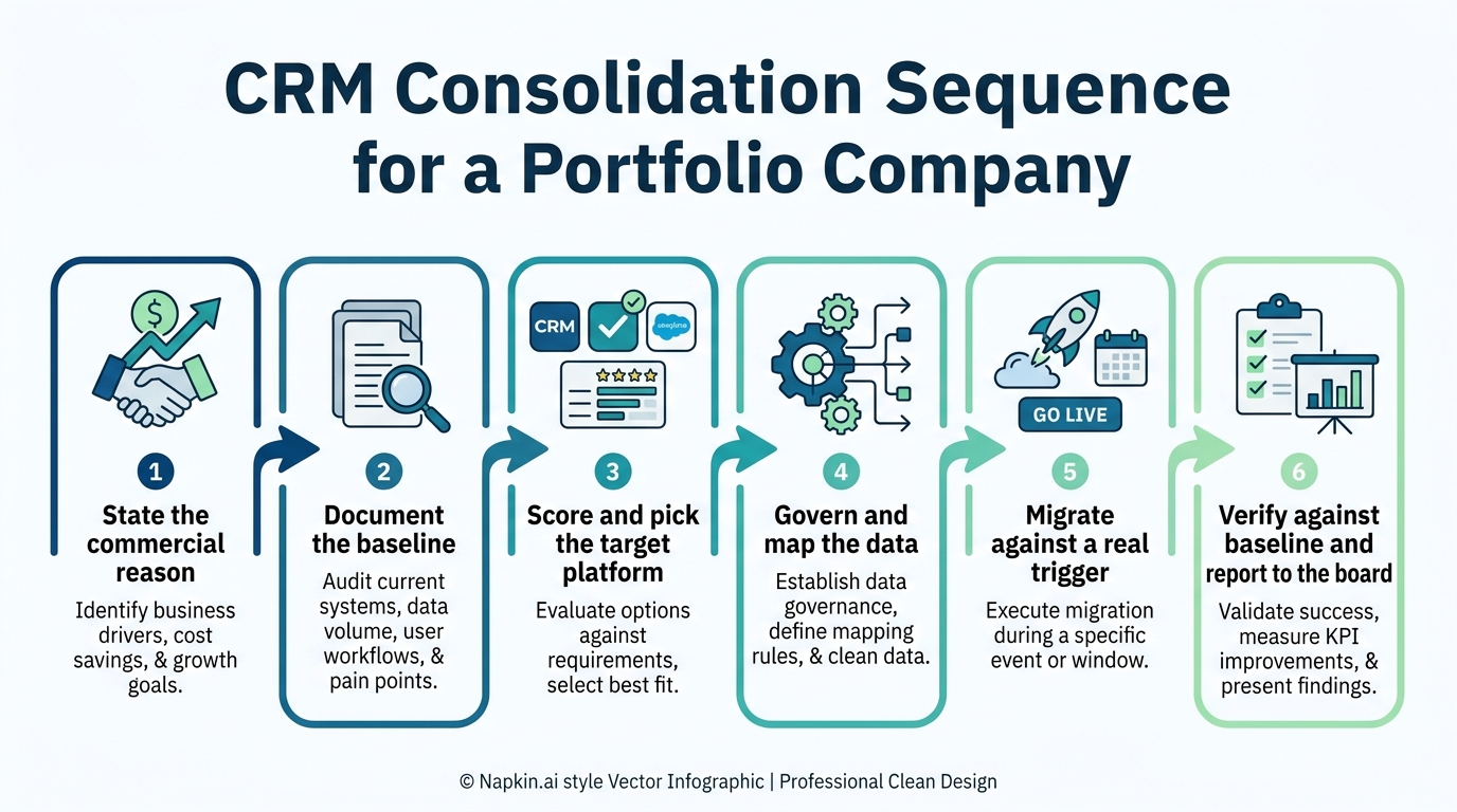 CRM Consolidation Sequence for a Portfolio Company | a 6-step process: 1 State the commercial reason → 2 Document the ba