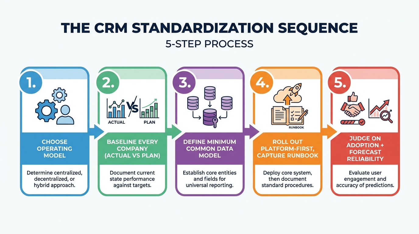 The CRM Standardization Sequence | 5-step process: "1. Choose operating model", "2. Baseline every company (actual vs pl