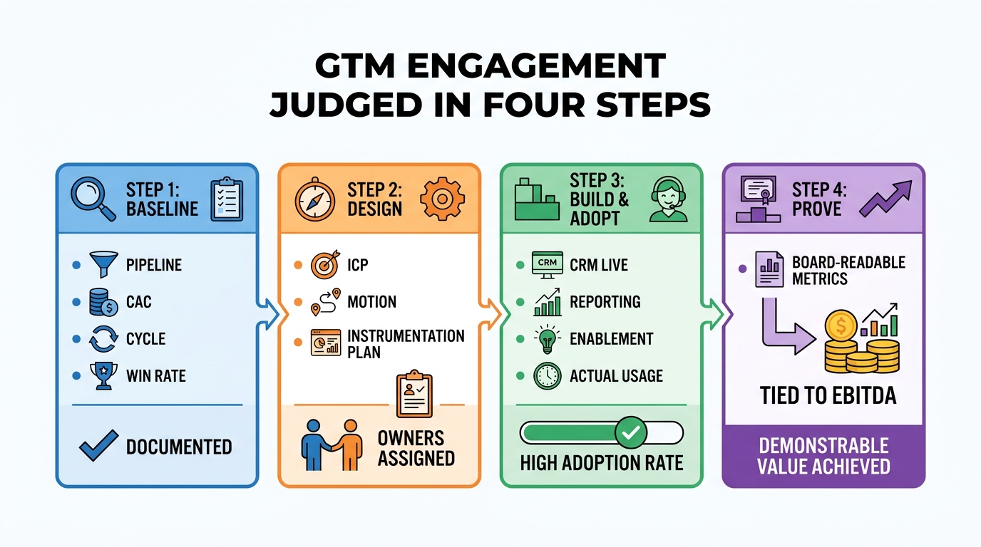 GTM Engagement Judged in Four Steps | step 1 Baseline: pipeline, CAC, cycle, win rate documented | step 2 Design: ICP, m