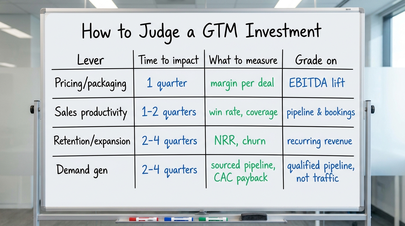 How to Judge a GTM Investment | TABLE. Columns: Lever | Time to impact | What to measure | Grade on. Rows: Pricing/packa