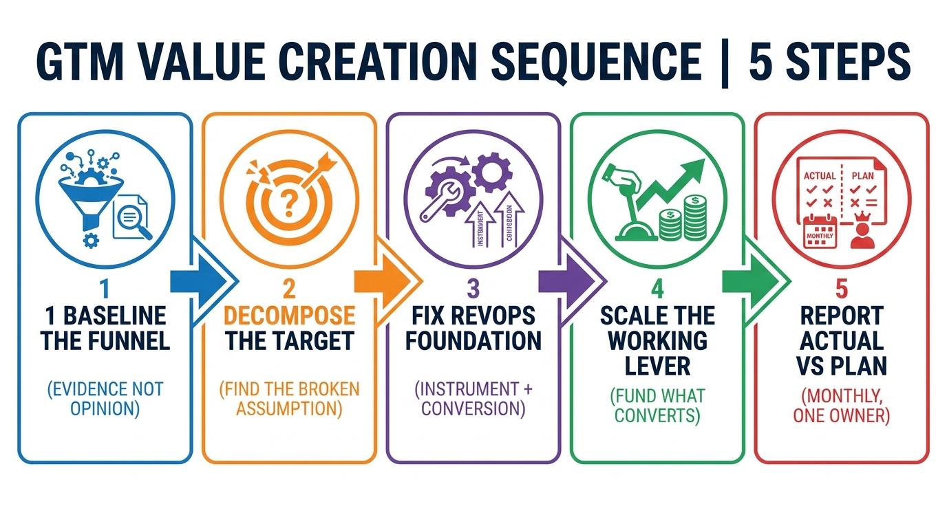 GTM Value Creation Sequence | 5 steps: 1 Baseline the funnel (evidence not opinion) → 2 Decompose the target (find the b