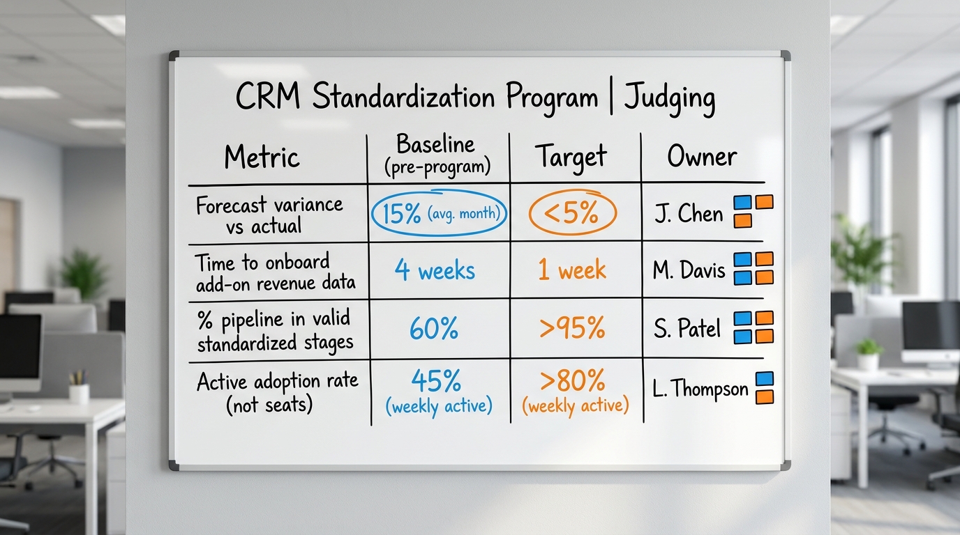 Judging a CRM Standardization Program | TABLE with columns: Metric | Baseline (pre-program) | Target | Owner. Rows: Fore