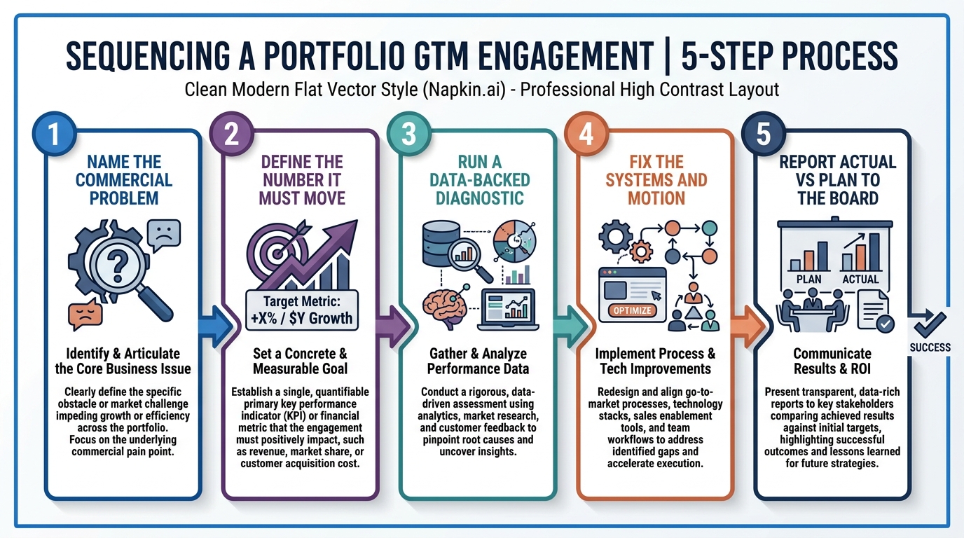 Sequencing a Portfolio GTM Engagement | 5-step process: 1 Name the commercial problem, 2 Define the number it must move,