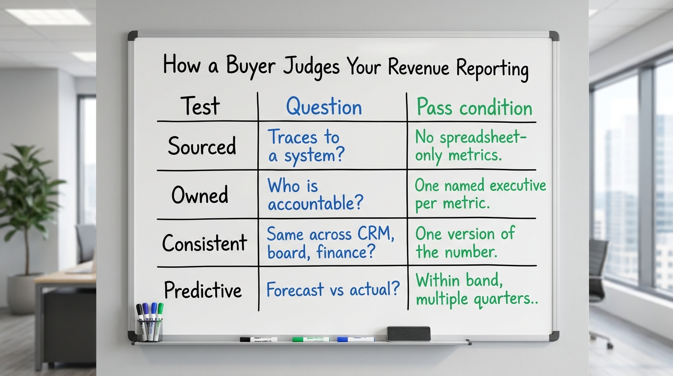 How a Buyer Judges Your Revenue Reporting | 4-row table. Column headers: Test | Question | Pass condition. Rows: Sourced