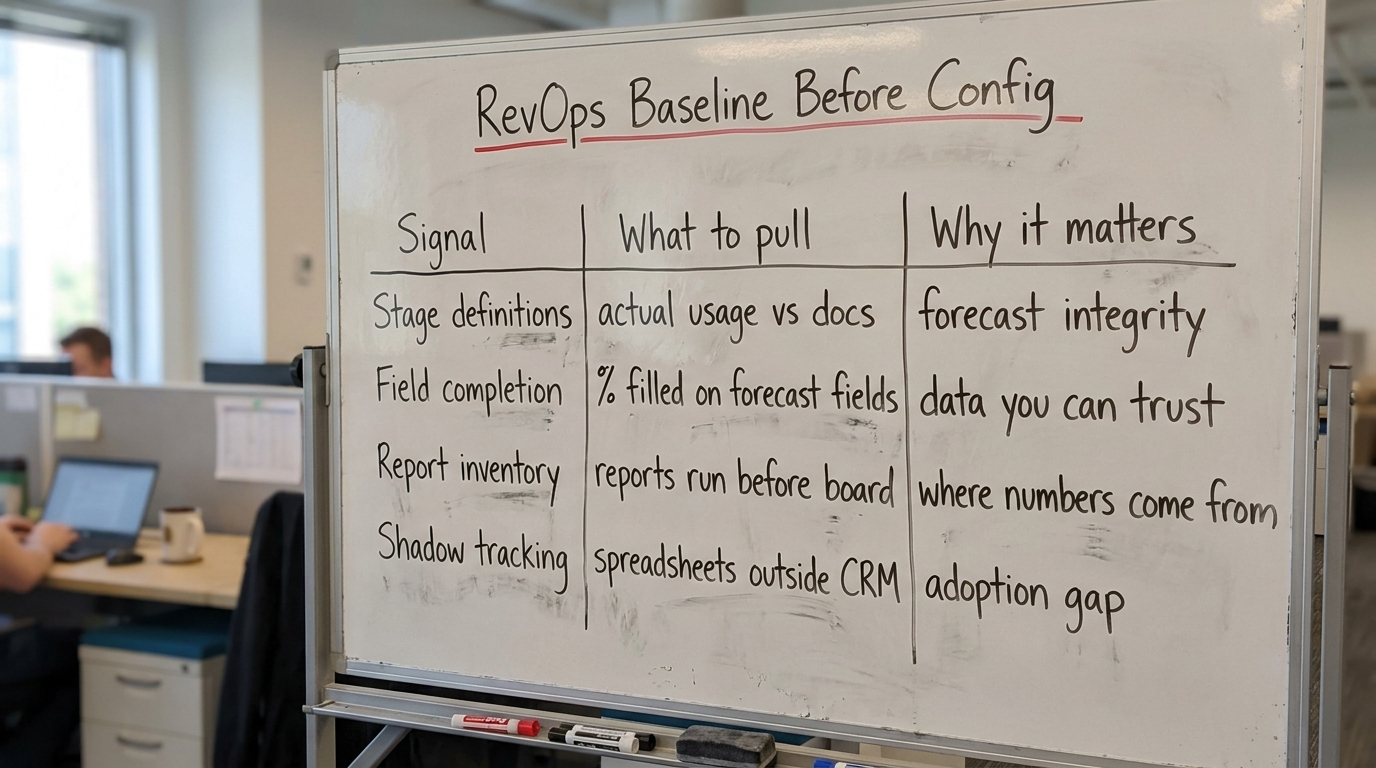 RevOps Baseline Before Config | a TABLE with columns "Signal | What to pull | Why it matters" and rows: Stage definition
