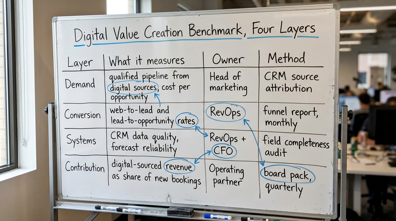 Digital Value Creation Benchmark, Four Layers | a TABLE with columns "Layer | What it measures | Owner | Method". Rows: 