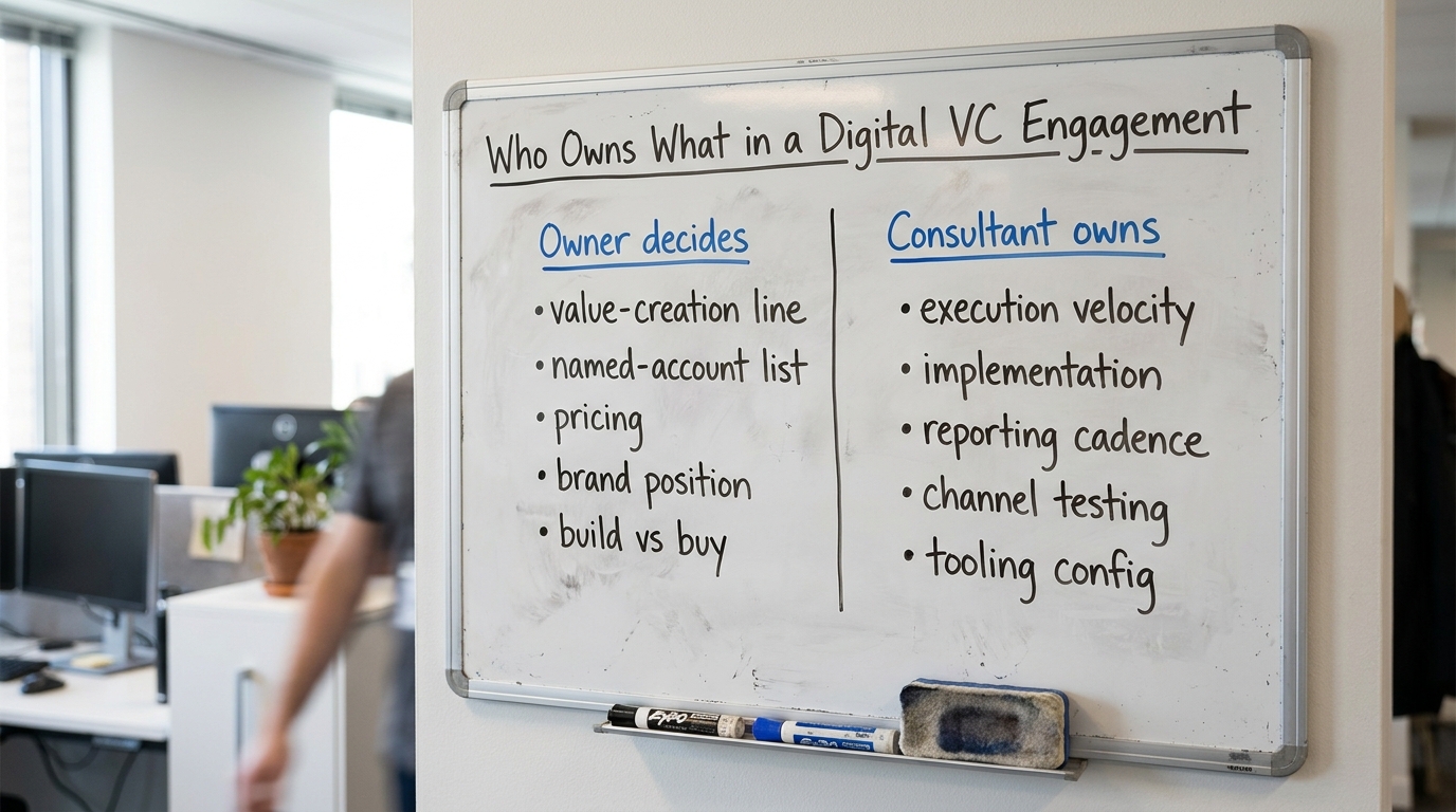 Who Owns What in a Digital VC Engagement | a two-column table. Left column "Owner decides": value-creation line, named-a