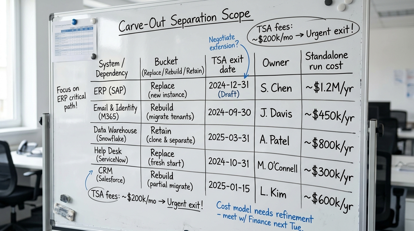 Carve-Out Separation Scope | a TABLE with columns "System / Dependency", "Bucket (Replace / Rebuild / Retain)", "TSA exi