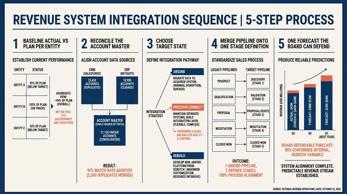 Revenue System Integration Sequence | 5-step process with labels: 1 Baseline actual vs plan per entity, 2 Reconcile the 