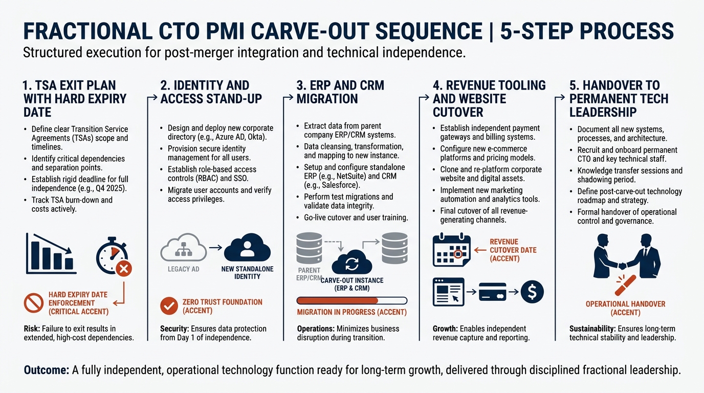 Fractional CTO PMI carve-out sequence | 5-step process: 1. TSA exit plan with hard expiry date, 2. Identity and access s