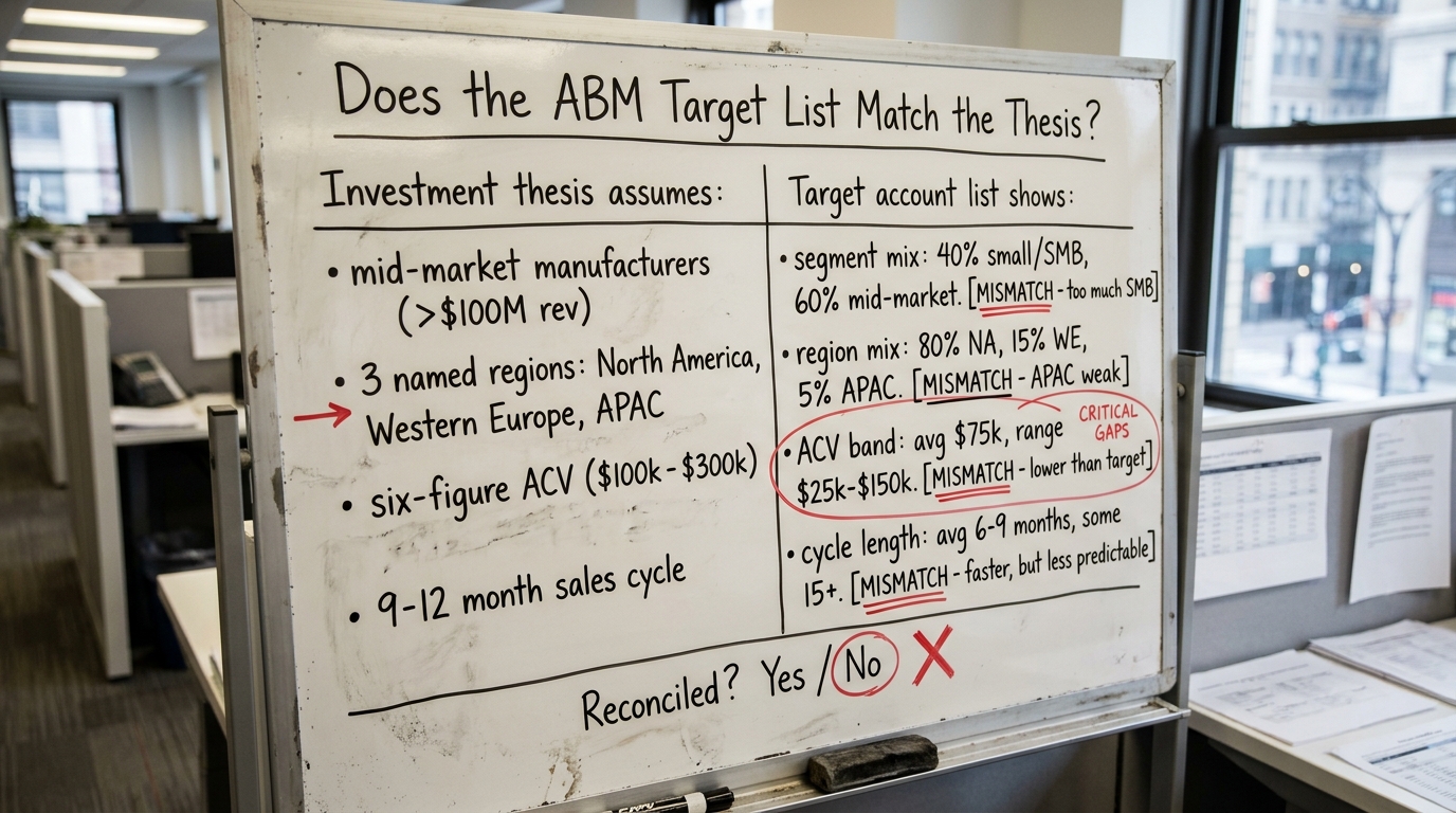 Does the ABM Target List Match the Thesis? | a two-column table. Left column "Investment thesis assumes": mid-market man