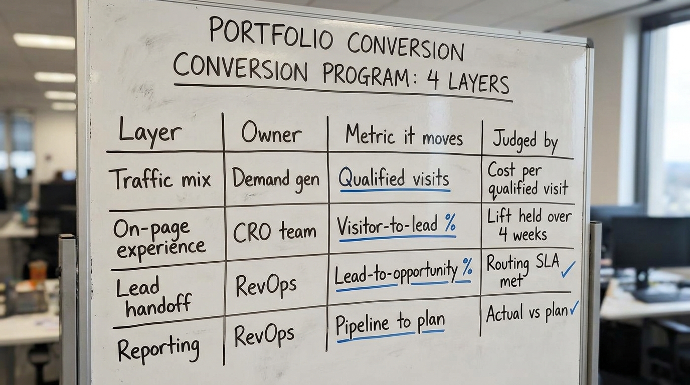 Four layers of a portfolio conversion program | a TABLE with columns "Layer | Owner | Metric it moves | Judged by" and r