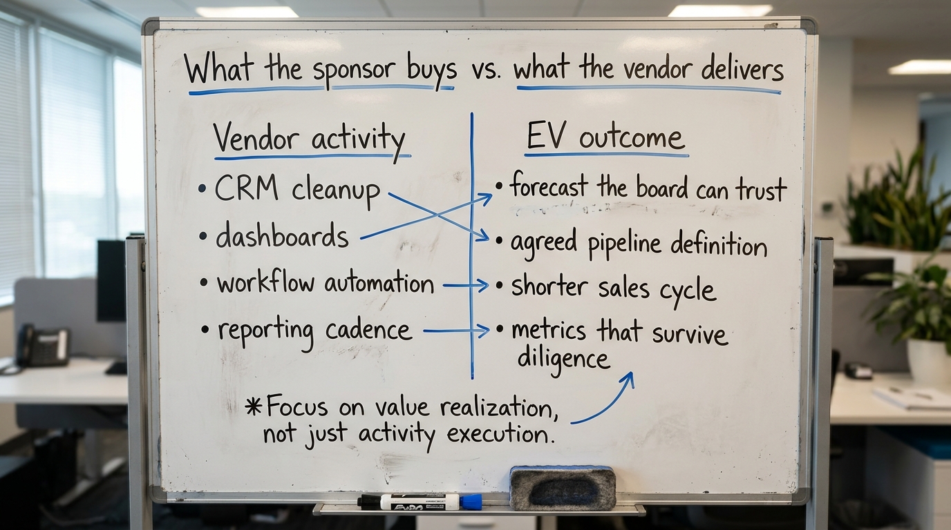 What the sponsor buys vs. what the vendor delivers | two-column table. Left "Vendor activity": CRM cleanup, dashboards,
