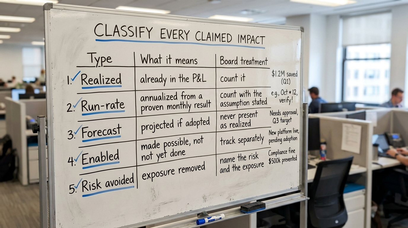 Classify Every Claimed Impact | table with columns "Type | What it means | Board treatment" and rows: Realized / already