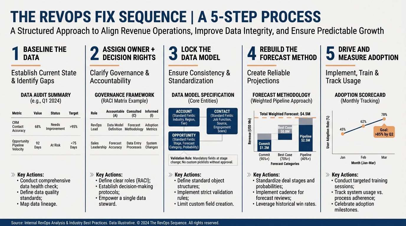 The RevOps Fix Sequence | a 5-step process: 1 Baseline the data · 2 Assign owner + decision rights · 3 Lock the data mod