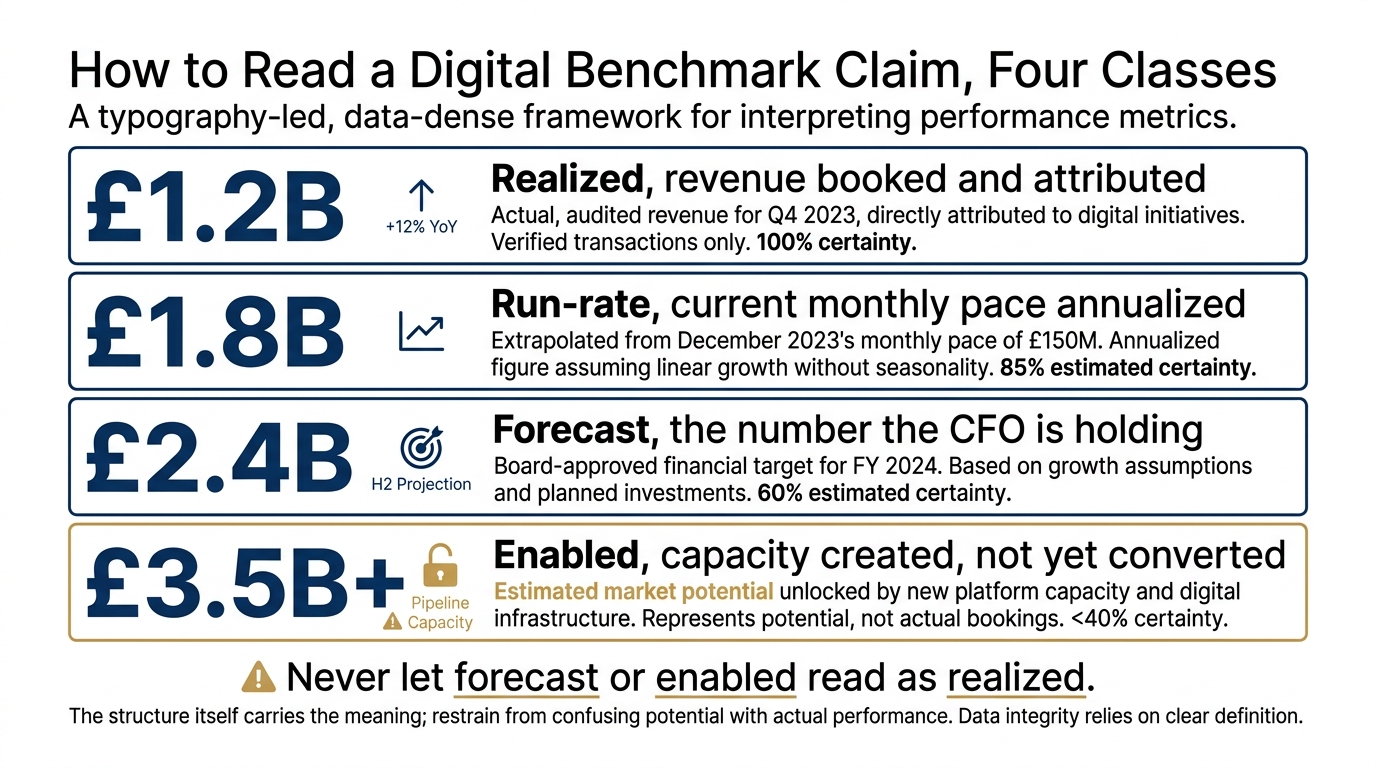 How to Read a Digital Benchmark Claim, Four Classes | four stacked tiers labeled top to bottom: "Realized, revenue booke