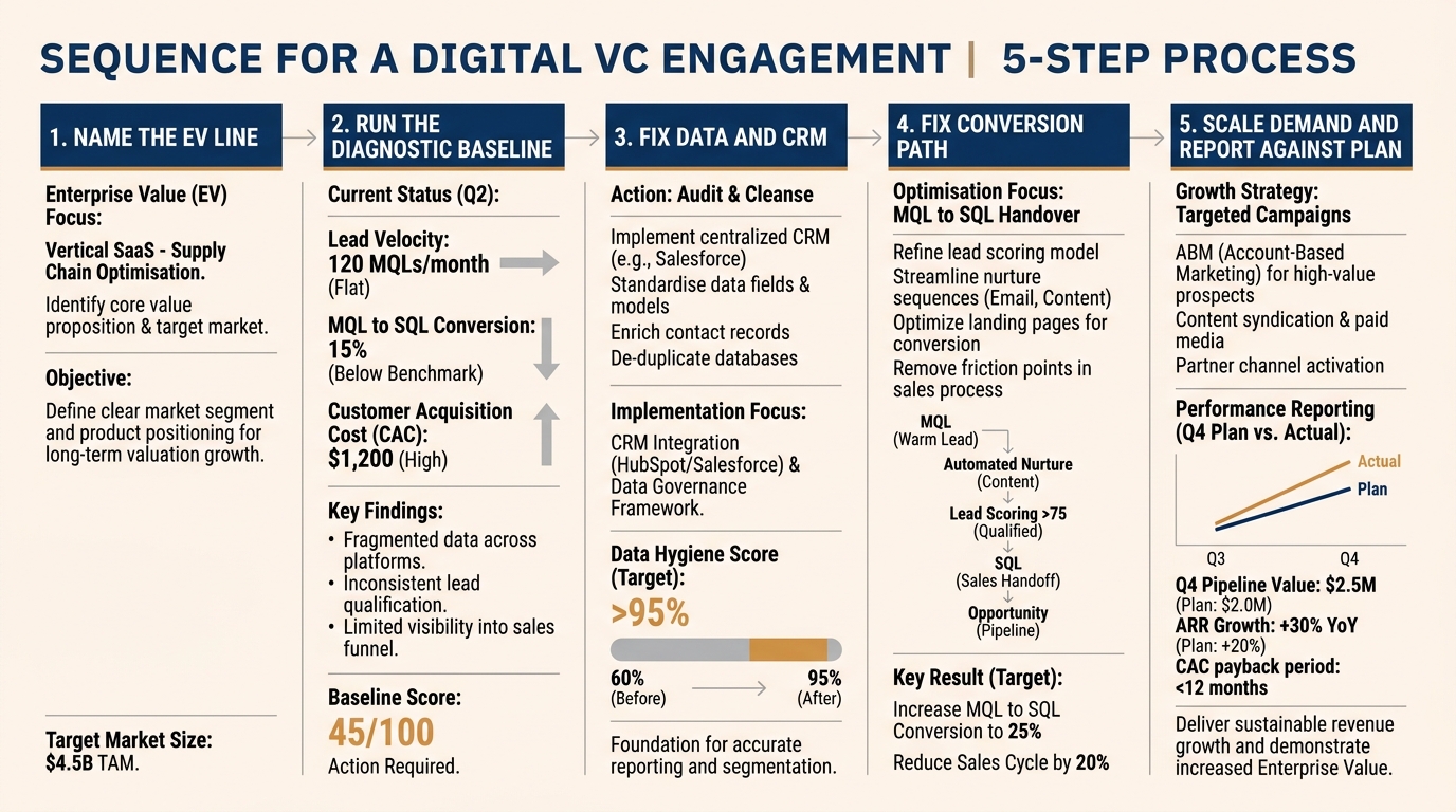 Sequence for a Digital VC Engagement | a 5-step process: 1 Name the EV line, 2 Run the diagnostic baseline, 3 Fix data a