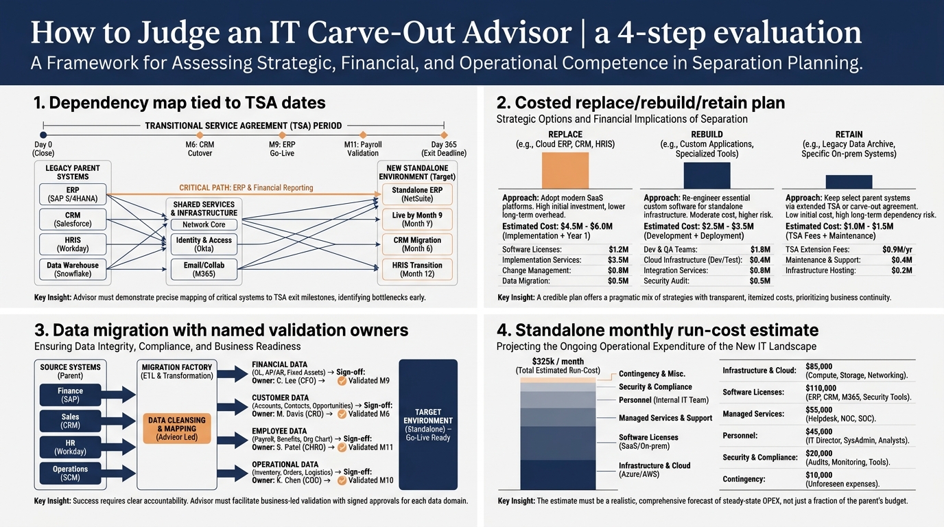 How to Judge an IT Carve-Out Advisor | a 4-step evaluation: 1. Dependency map tied to TSA dates 2. Costed replace/rebuil