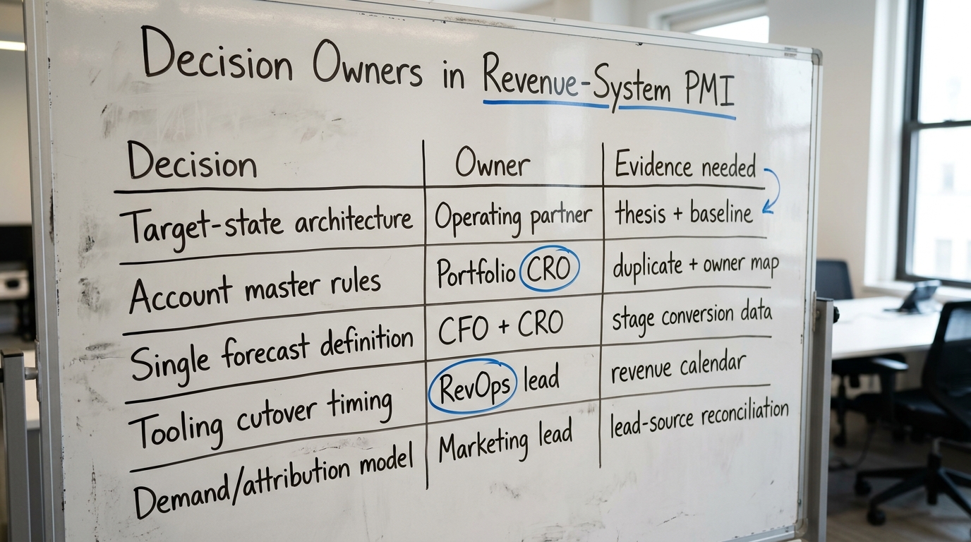 Decision Owners in Revenue-System PMI | table with columns Decision / Owner / Evidence needed. Rows: Target-state archit