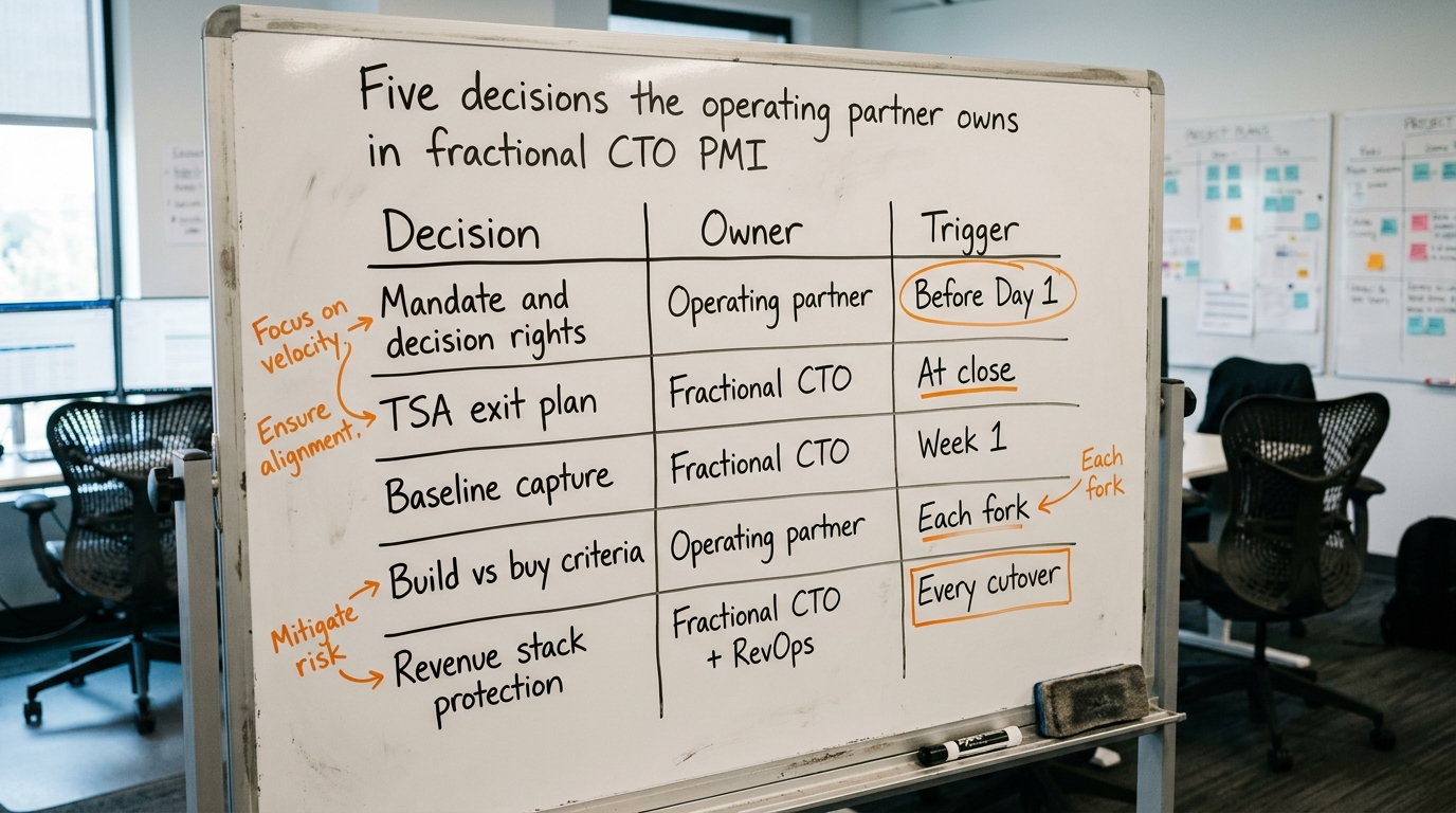 Five decisions the operating partner owns in fractional CTO PMI | TABLE with columns Decision / Owner / Trigger. Rows: M
