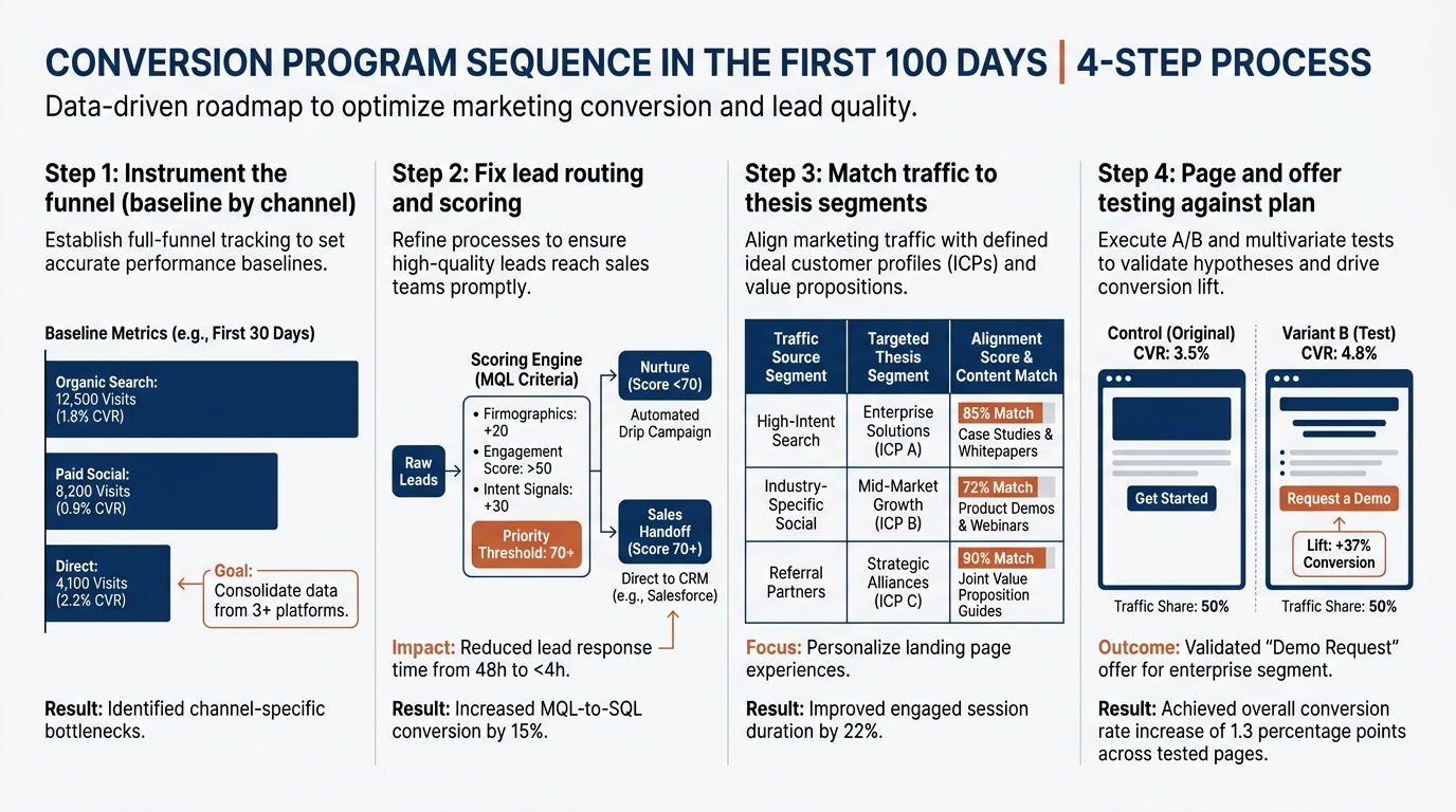 Conversion program sequence in the first 100 days | a 4-step process with labels "Step 1: Instrument the funnel (baselin