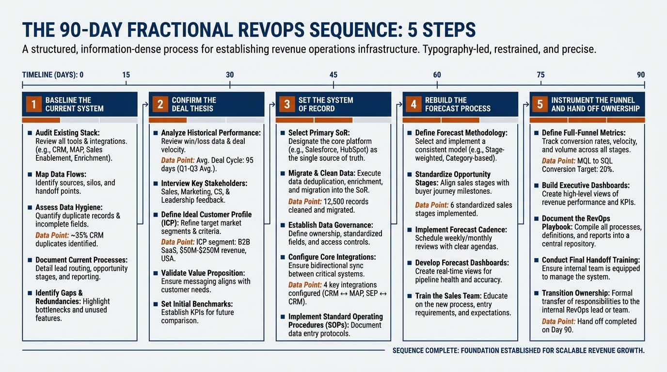 The 90-day fractional RevOps sequence | 5 steps: 1 Baseline the current system, 2 Confirm the deal thesis, 3 Set the sys